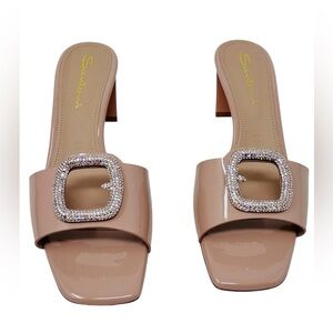 Santoni pink patent leather slip on mid heel sandals with crystal embellishment